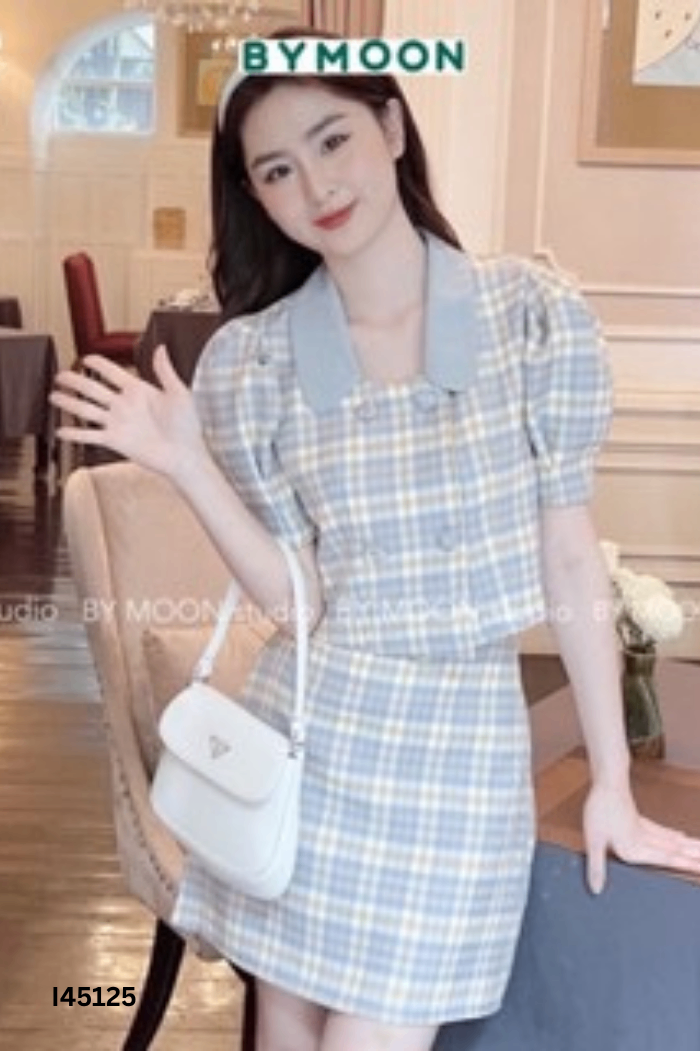 Set Áo vàng kẻ phối cúc + chân váy