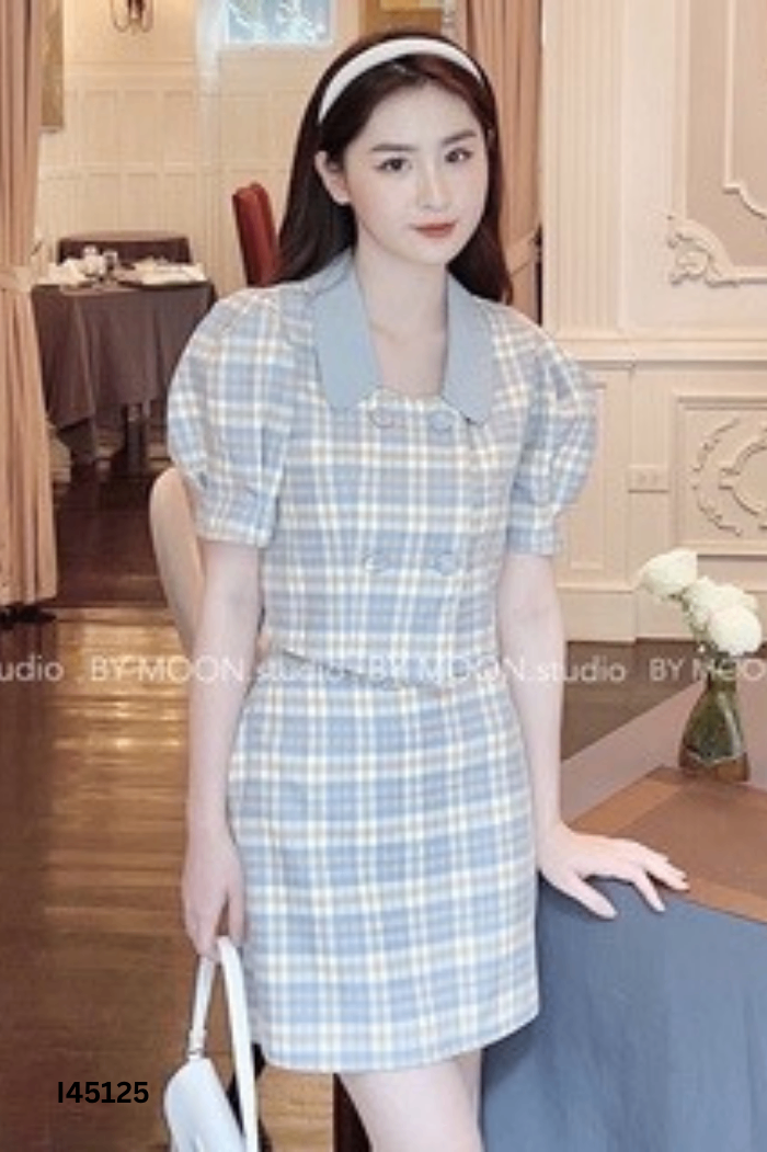 Set Áo vàng kẻ phối cúc + chân váy