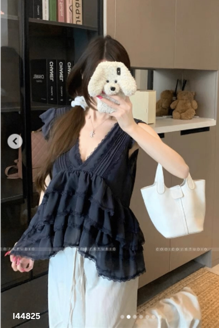 Áo babydoll xanh than viền ren
