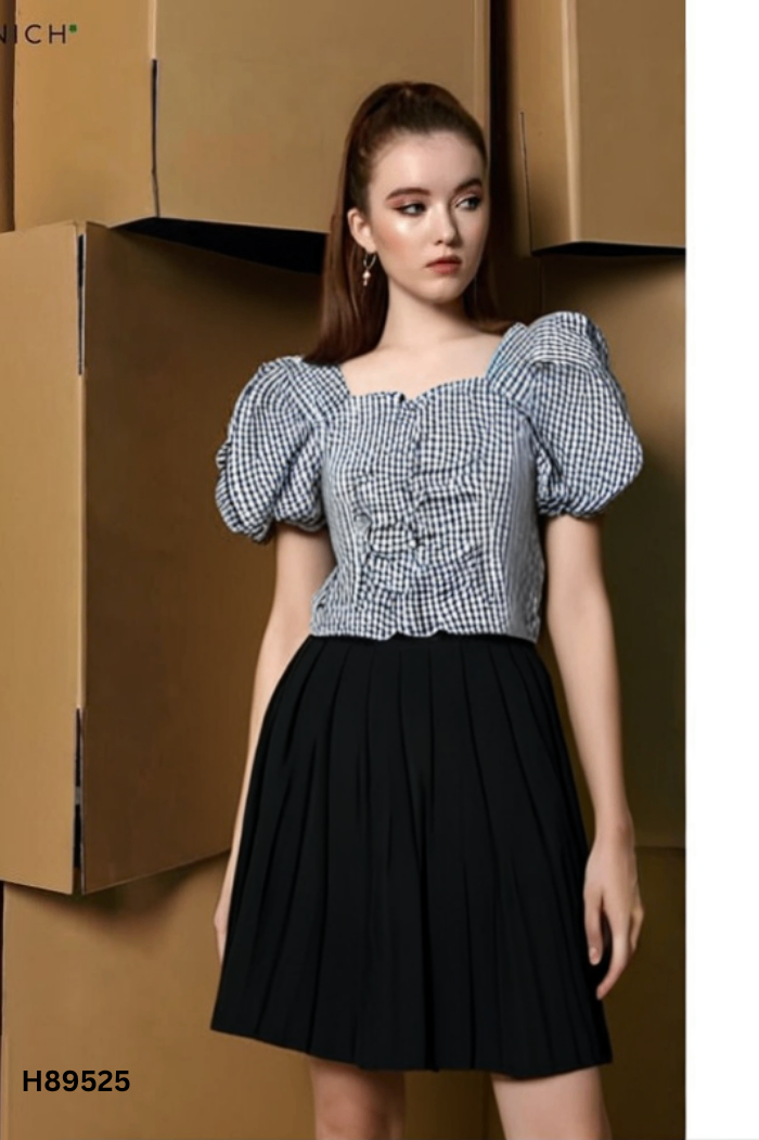 SET Áo xám đen kẻ caro + chân váy đen dập ly
