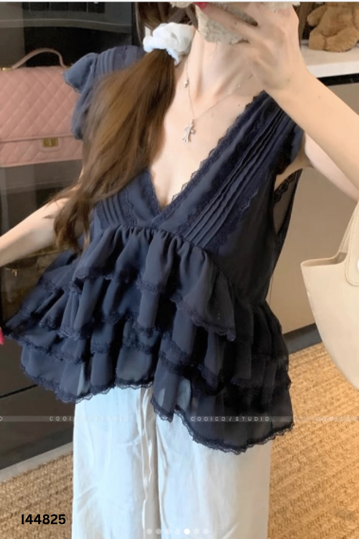 Áo babydoll xanh than viền ren