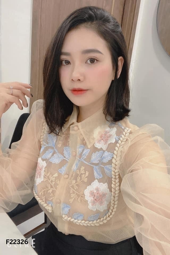 Áo sơ mi lưới be thêu hoa