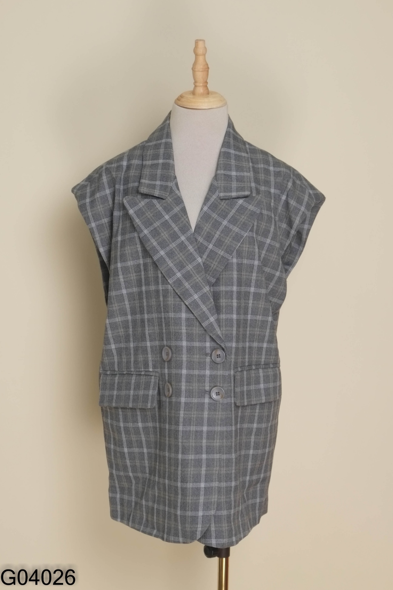 NEWTAG Áo gile blazer xám kẻ