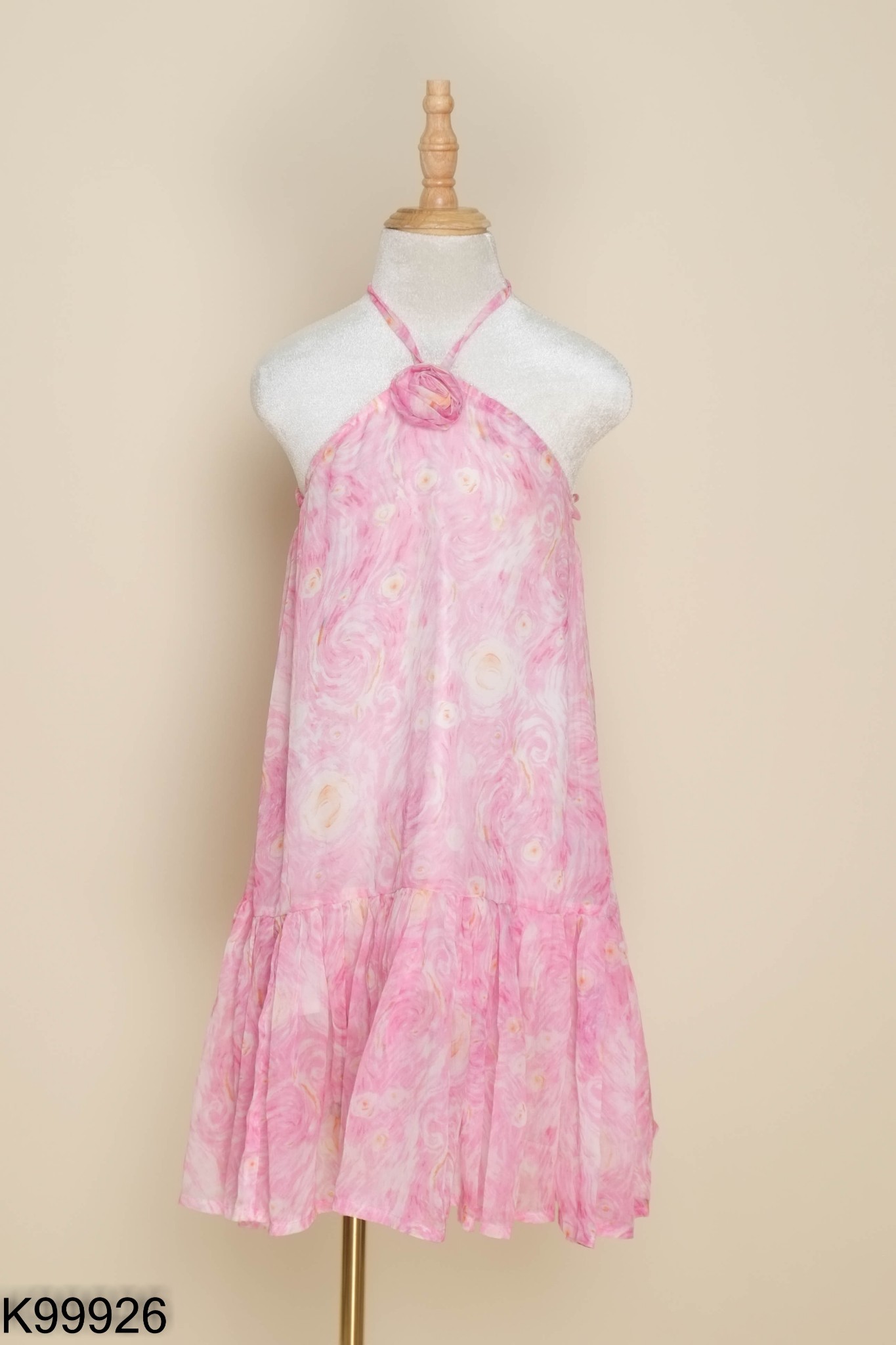 Váy hồng họa tiết cổ yếm KIDS