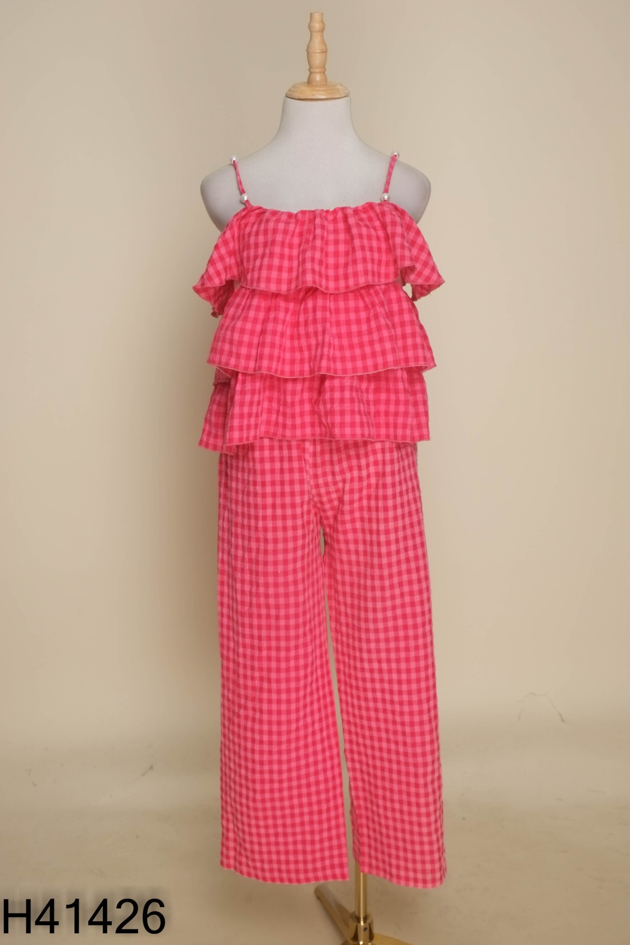 Set Áo hai dây hồng kẻ caro + quần