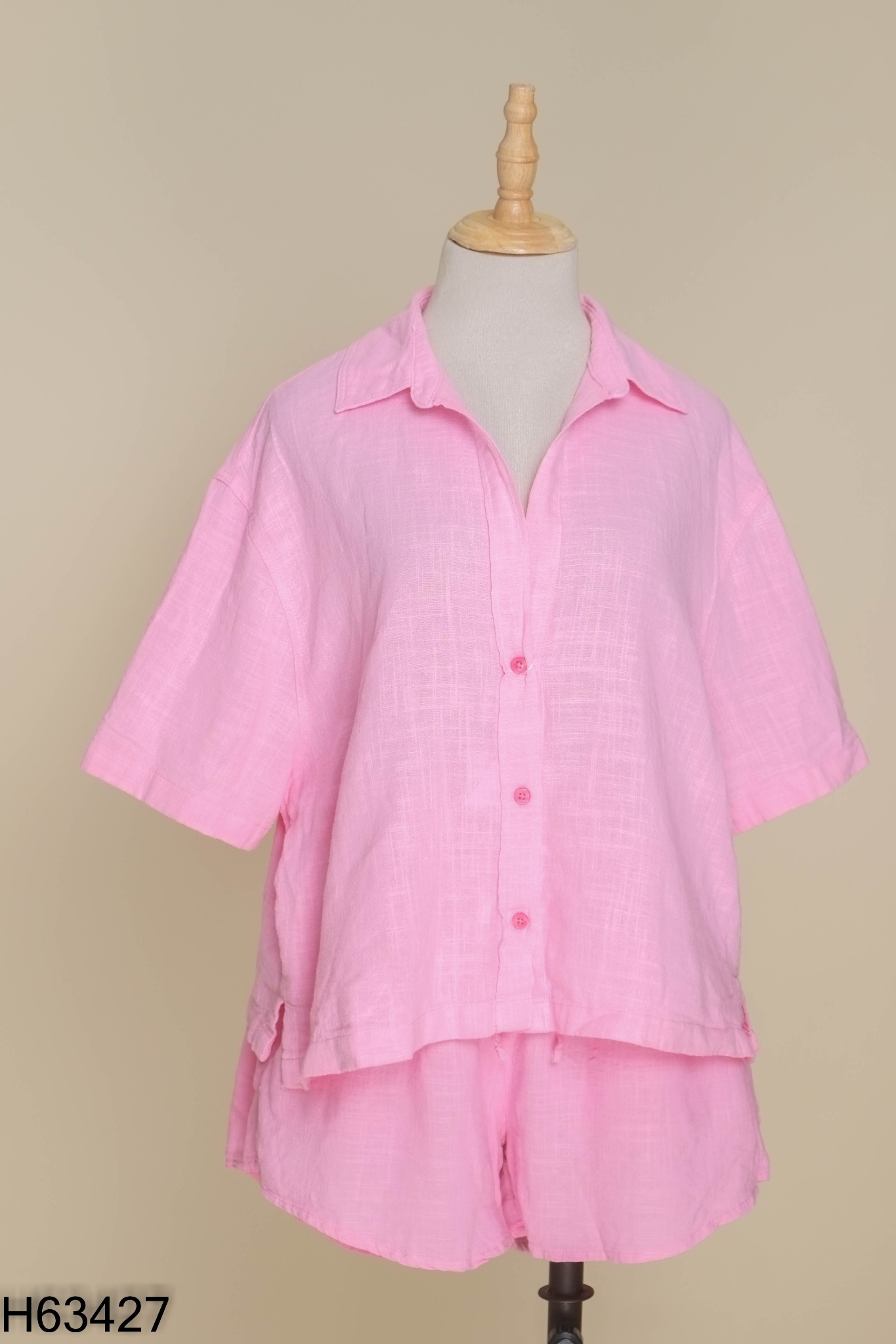 Set BESHKA line hồng áo sơ mi + quần shorts