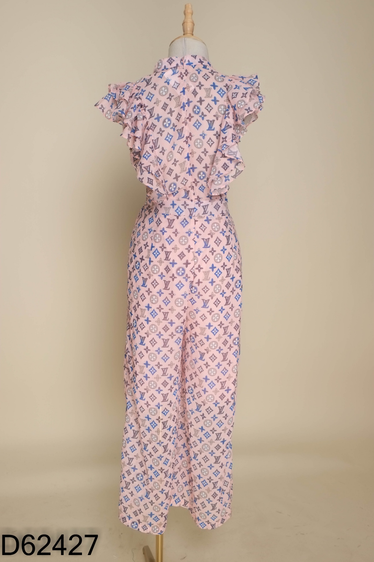 Jumpsuits hồng họa tiết phối bèo