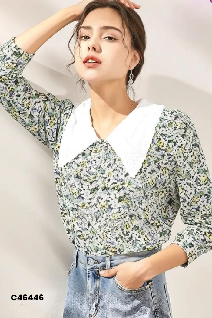 Áo sơ mi đen xanh cổ trắng