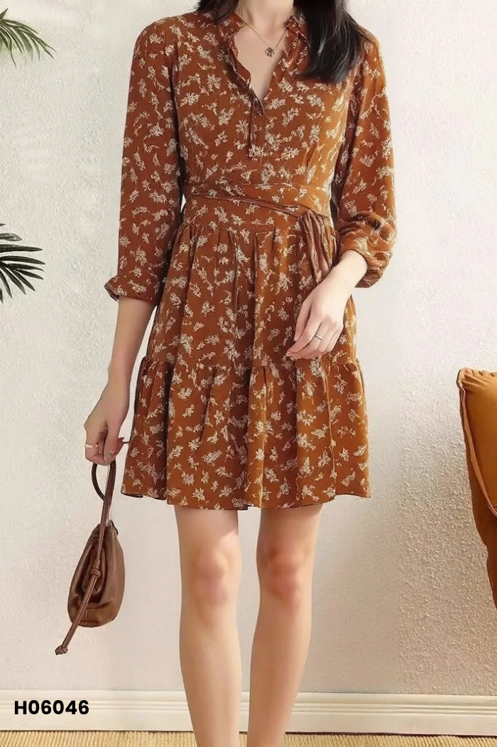 Váy nhỡ nâu hoa be
