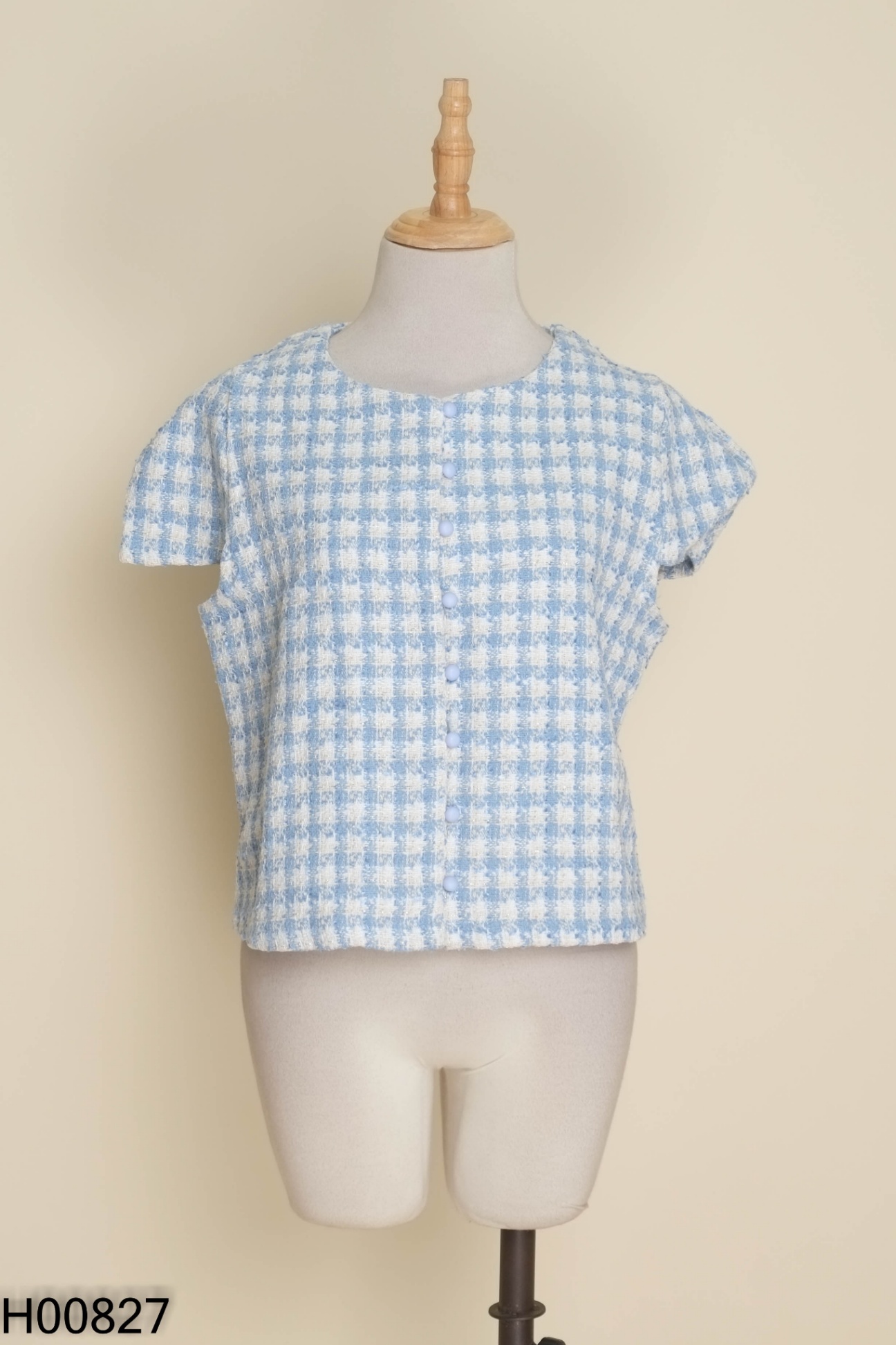 NEWTAG Áo dạ tweed xanh kẻ caro be