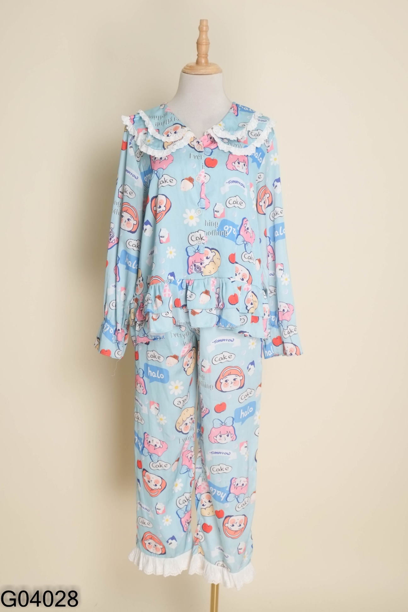 Set bộ ngủ lụa xanh hoạ tiết