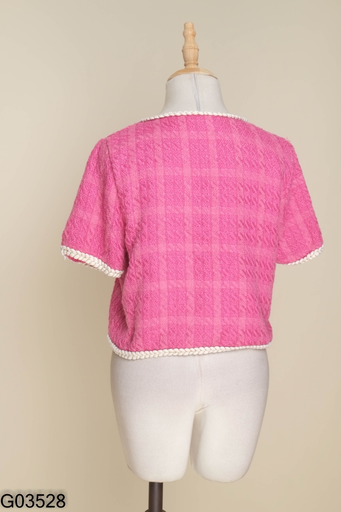 Áo dạ tweed hồng phối viền be