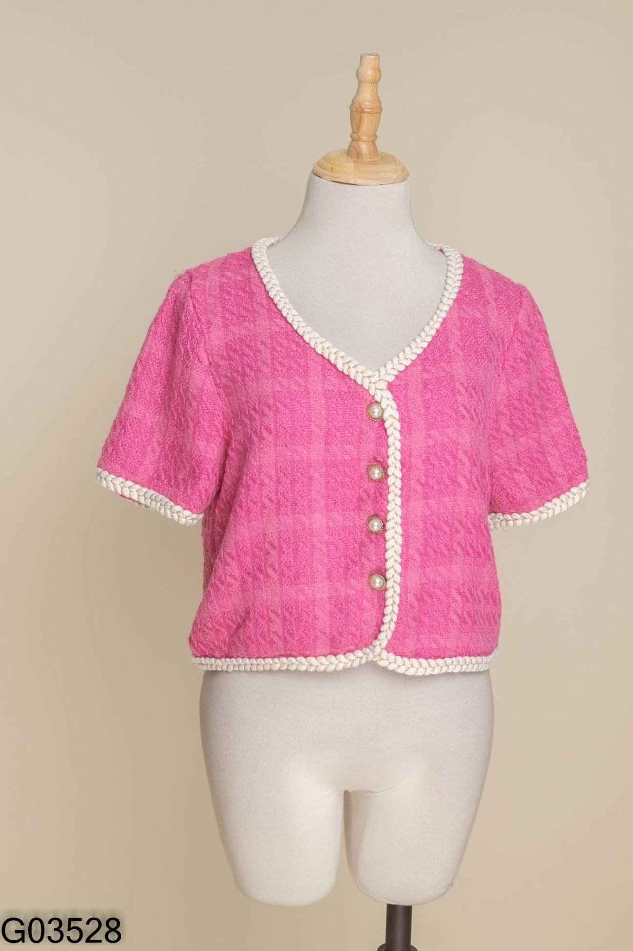 Áo dạ tweed hồng phối viền be