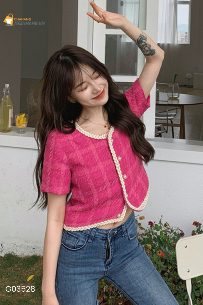 Áo dạ tweed hồng phối viền be