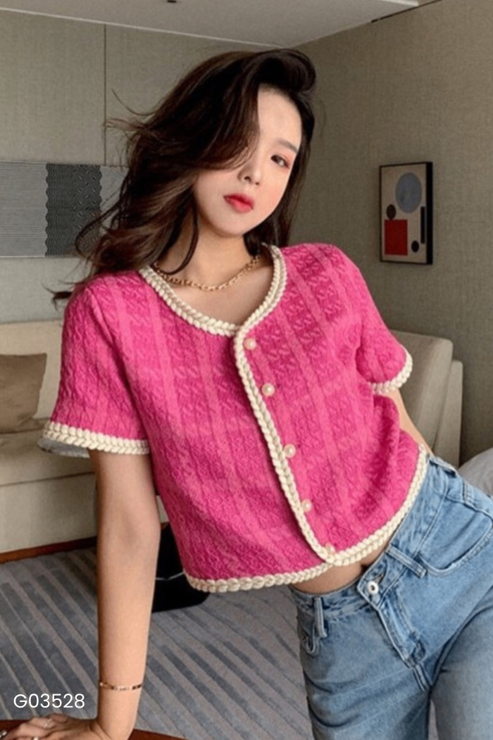 Áo dạ tweed hồng phối viền be