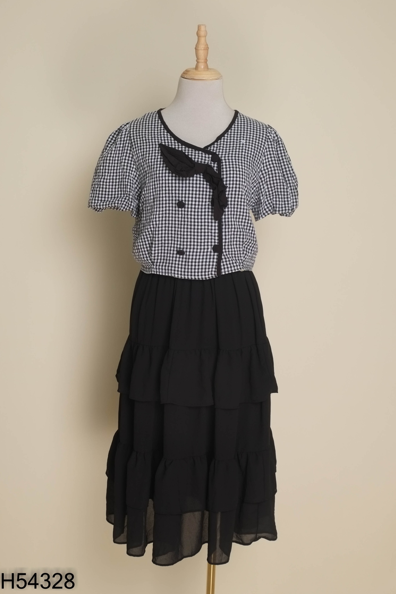 Set Áo be kẻ đen nơ + chân váy