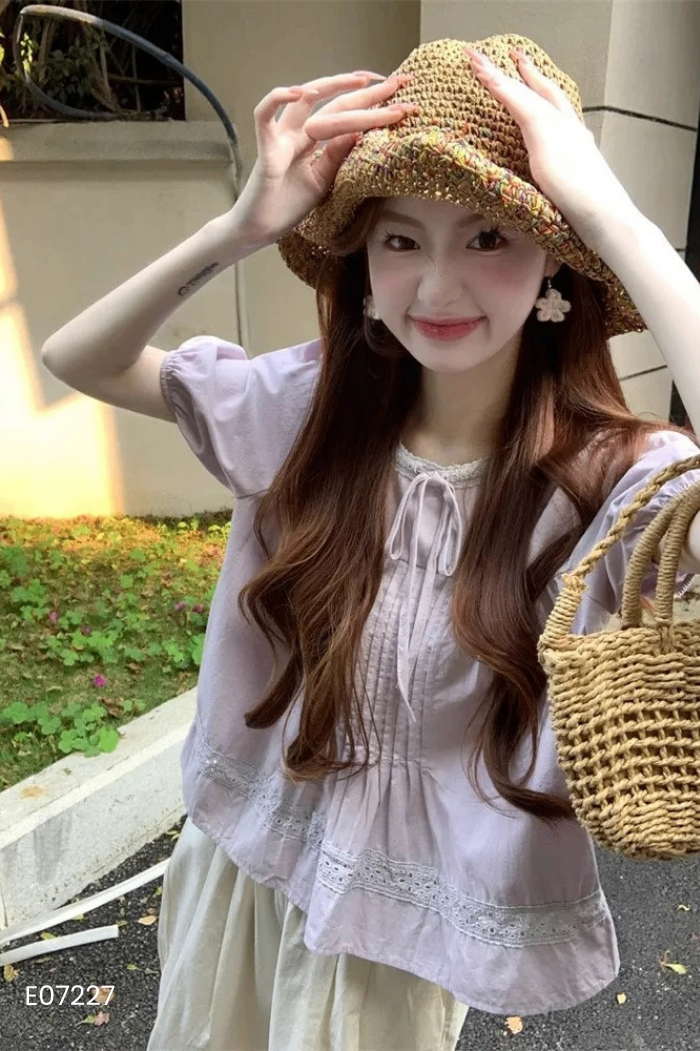 Áo babydoll tím phối ren
