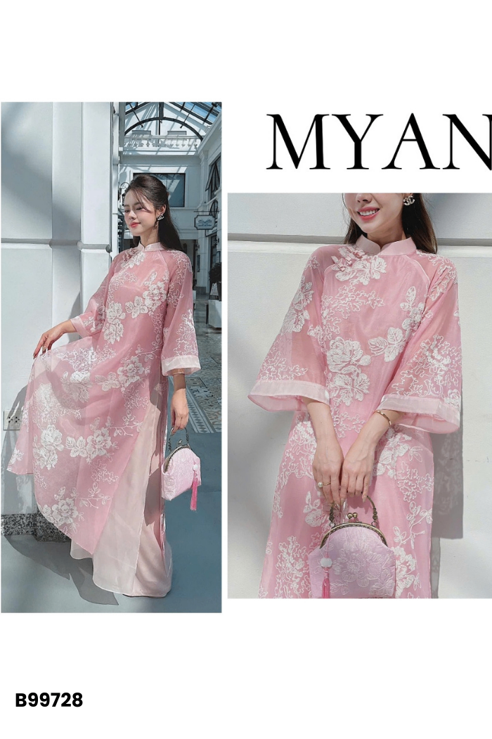SET Áo dài hồng họa tiết trắng + quần lụa hồng