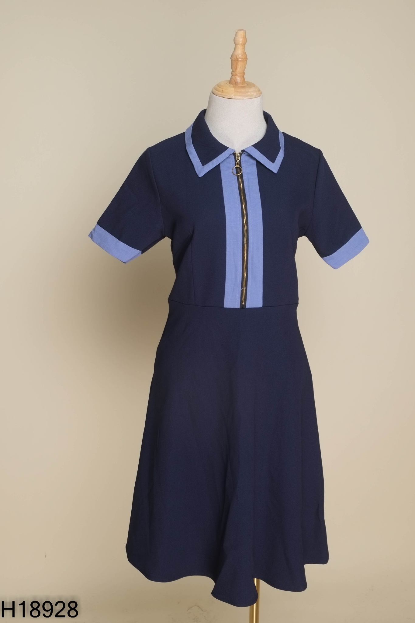 Váy xanh than cổ bẻ kéo khóa