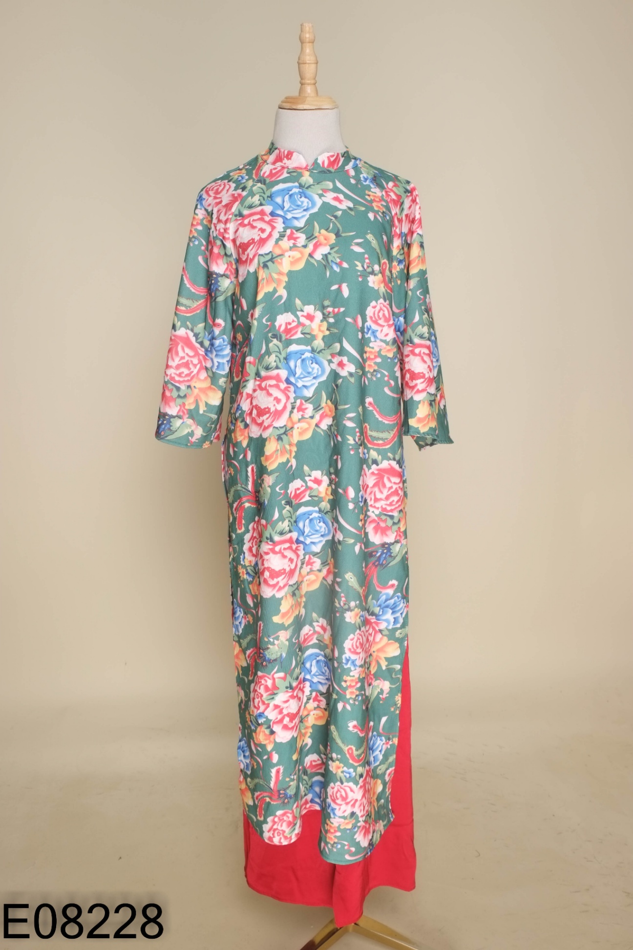 Set Áo dài xanh hoa + quần đỏ