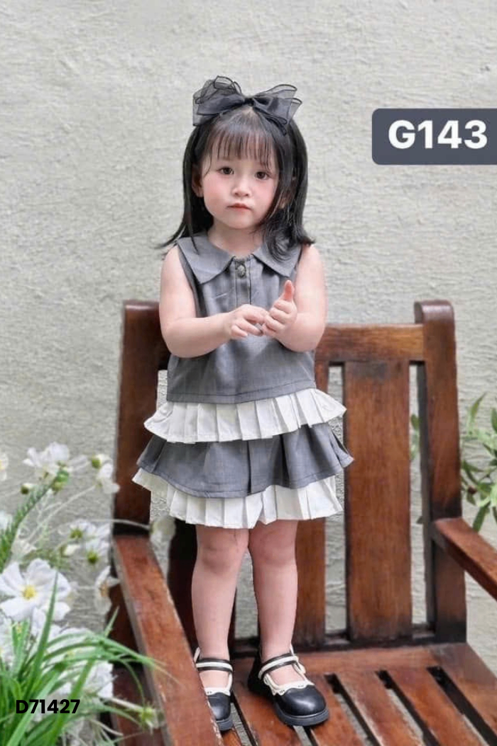 NEWTAG Set Áo xám xếp ly trắng + chân váy KIDS