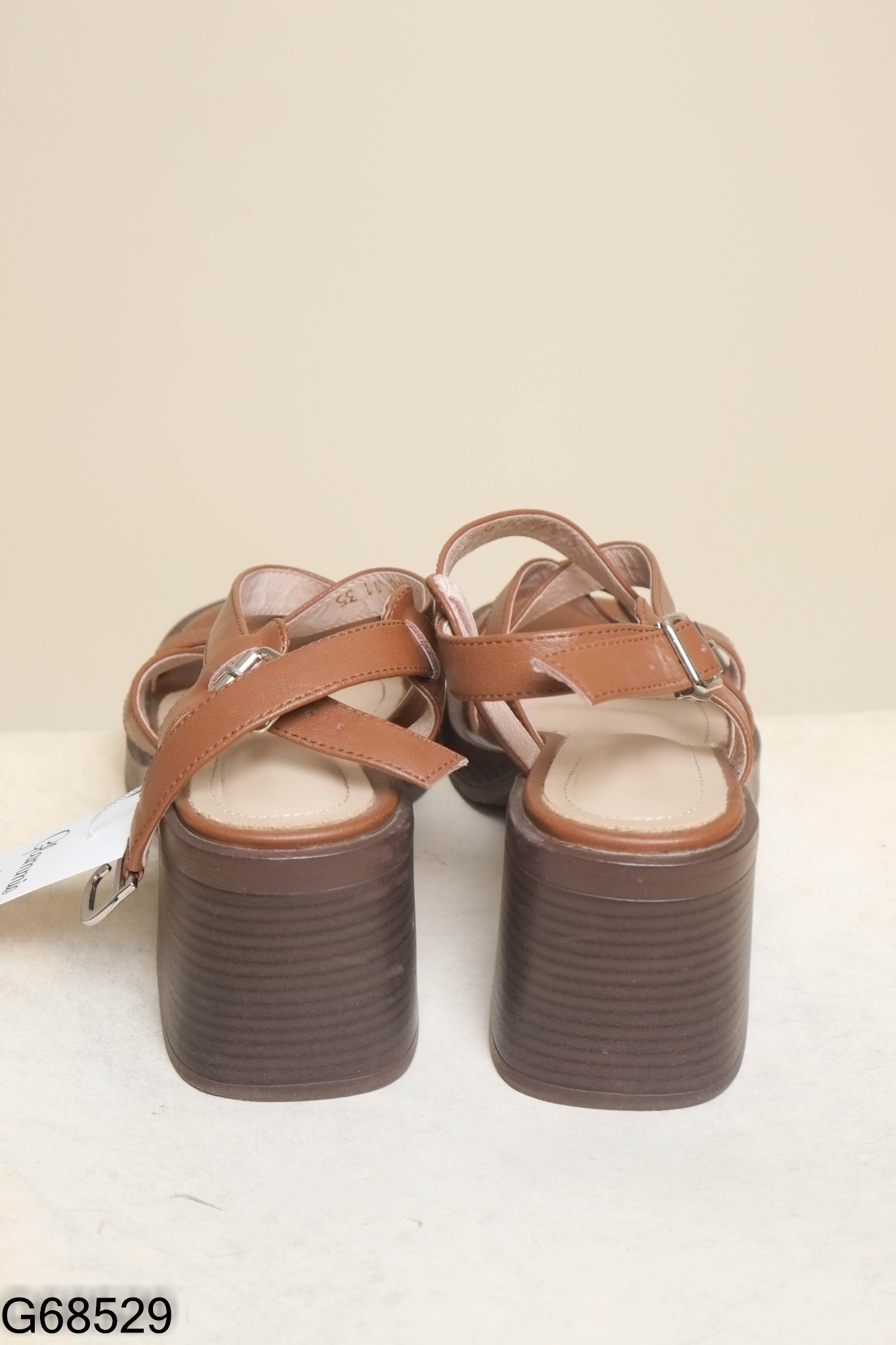 Sandals cao gót nâu đan (da mềm)