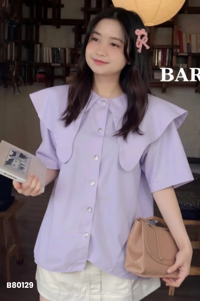 Áo xám LIIN cổ sen cúc ngọc