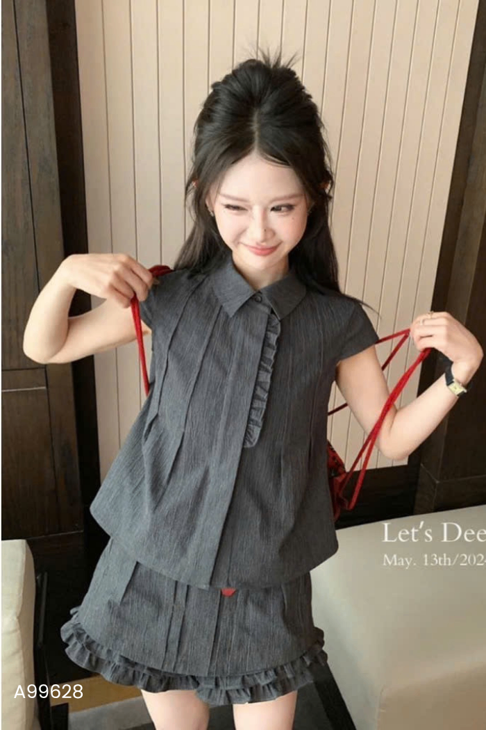 NEWTAG Áo xám cổ sơ mi viền bèo