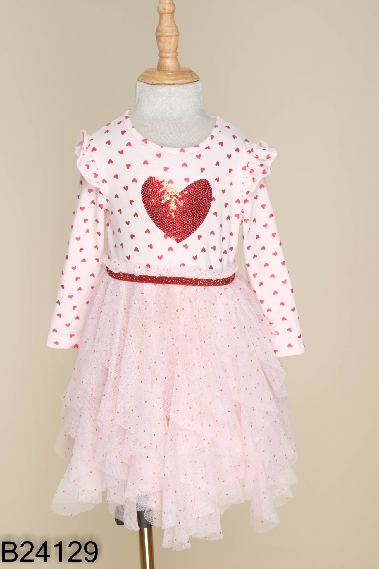 Váy hồng lưới họa tiết trái tim KIDS