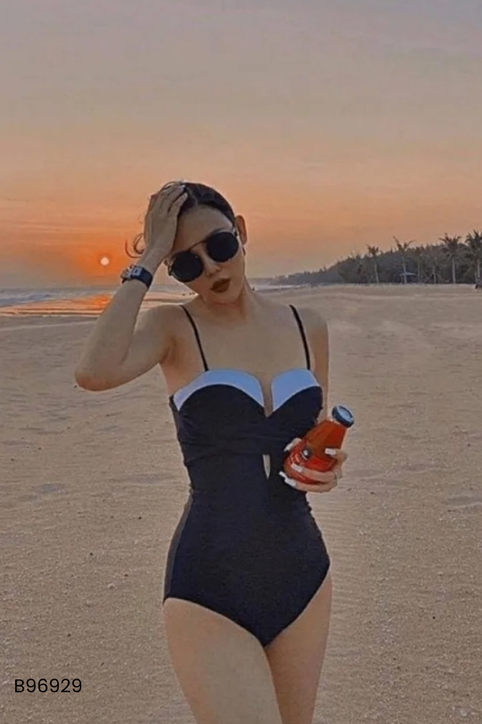 Bikini 1 mảnh hai dây đen phối trắng