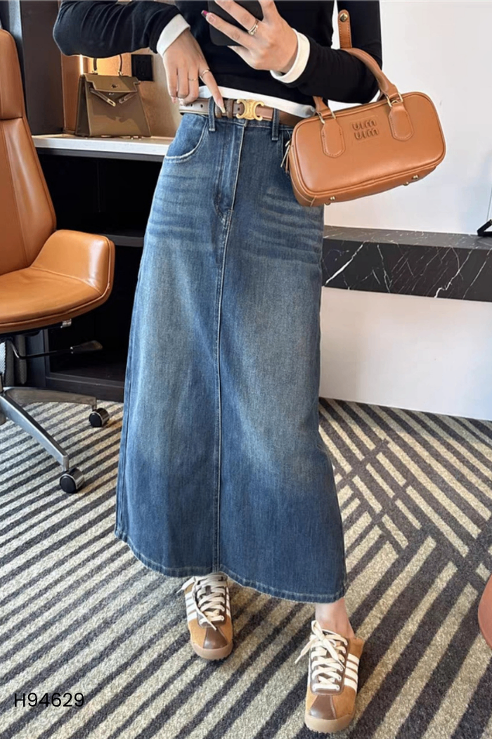 NEWTAG Chân váy jeans xanh túi rách