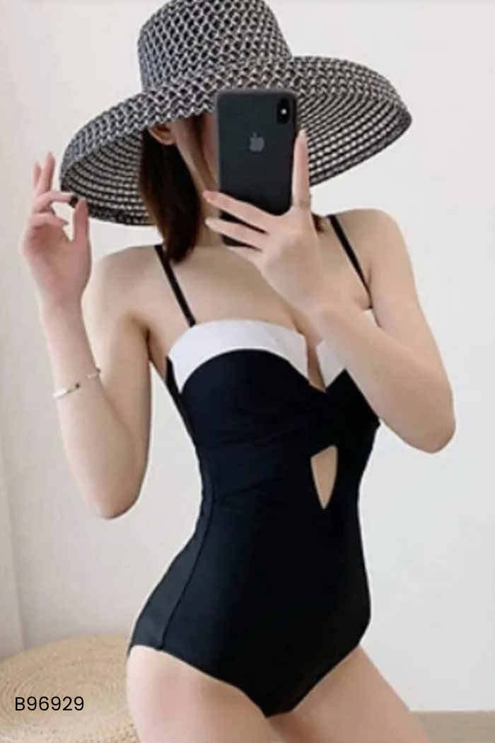 Bikini 1 mảnh hai dây đen phối trắng