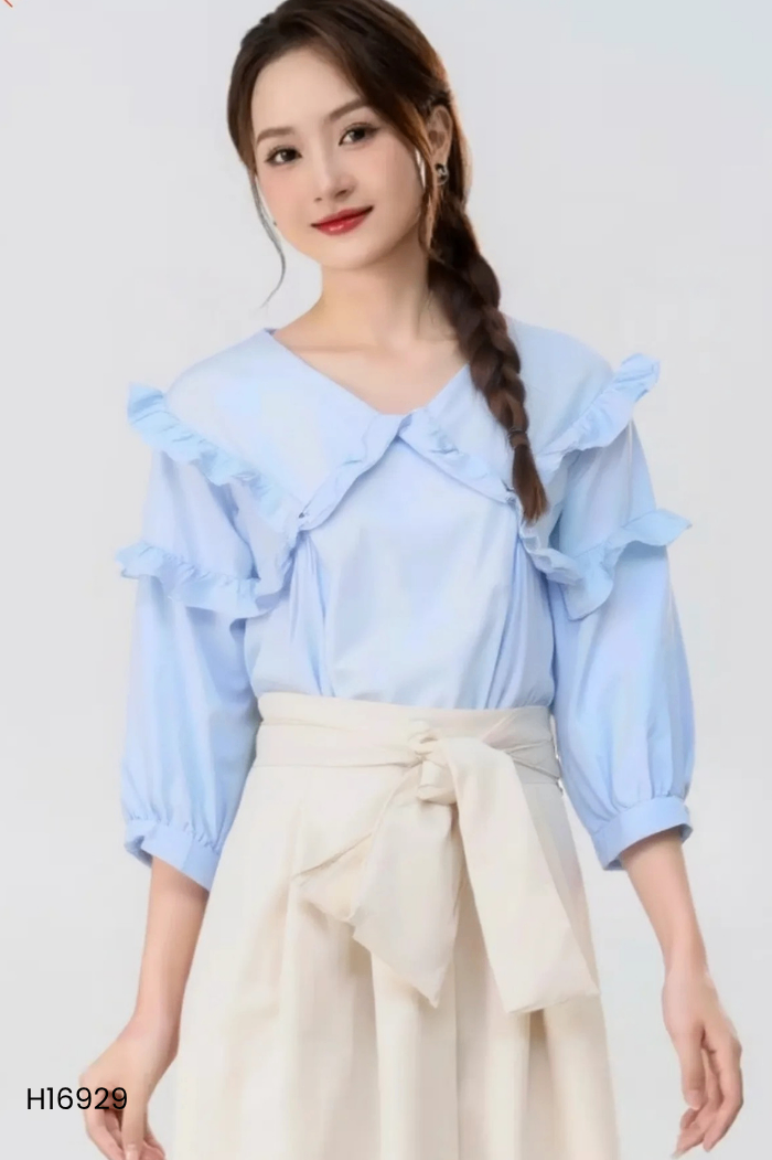 Áo kiểu xanh cổ bèo