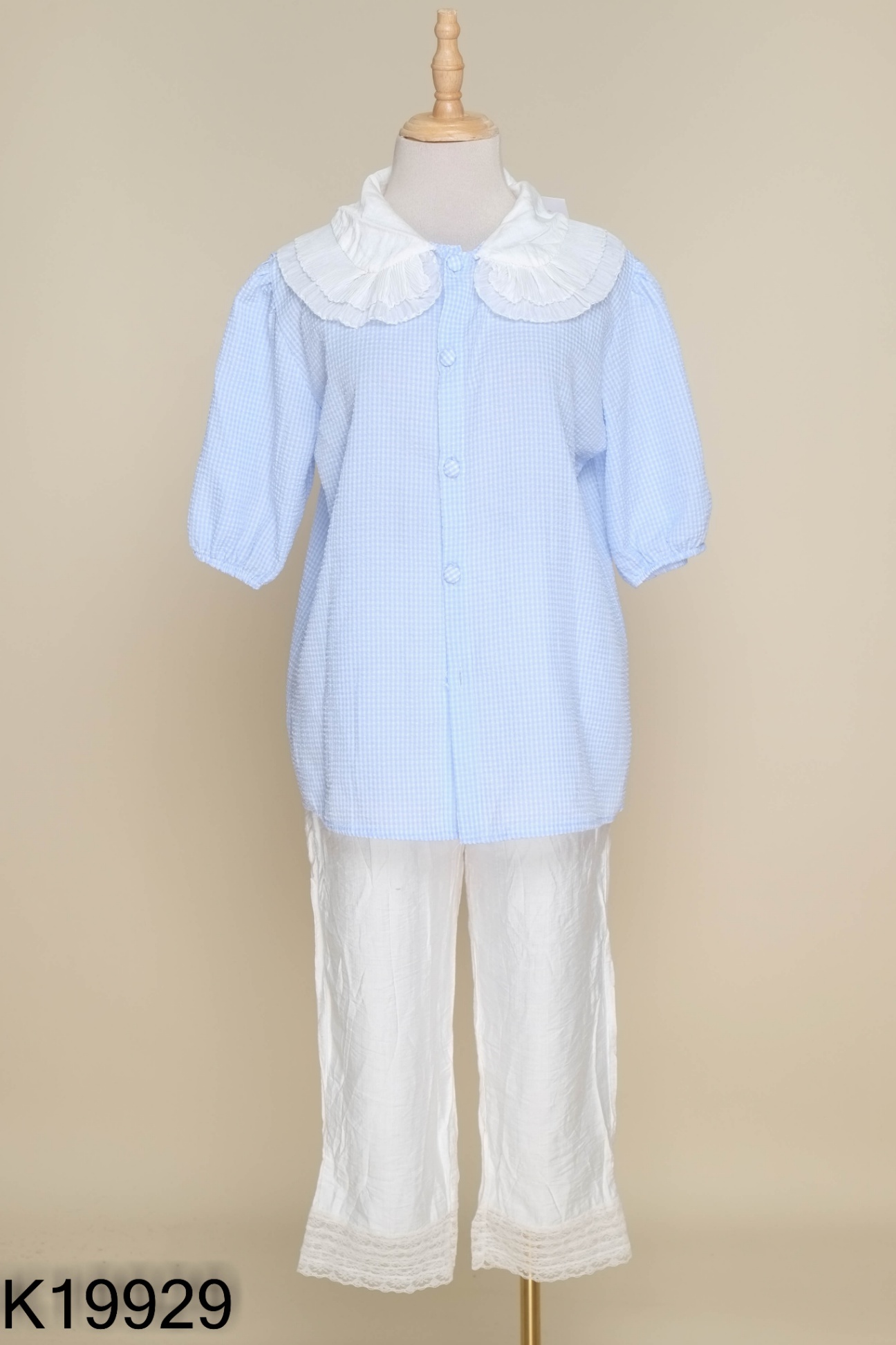 SET Áo xanh kẻ cổ sen + quần dài trắng