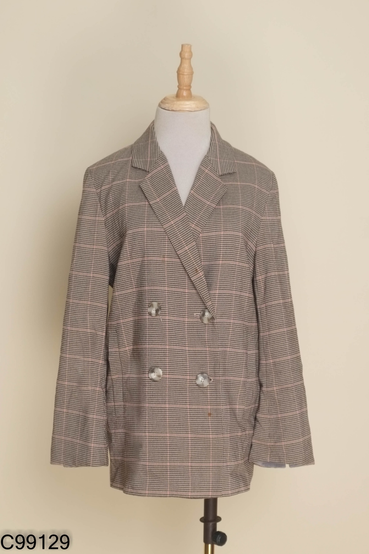Blazer xám nâu kẻ hồng