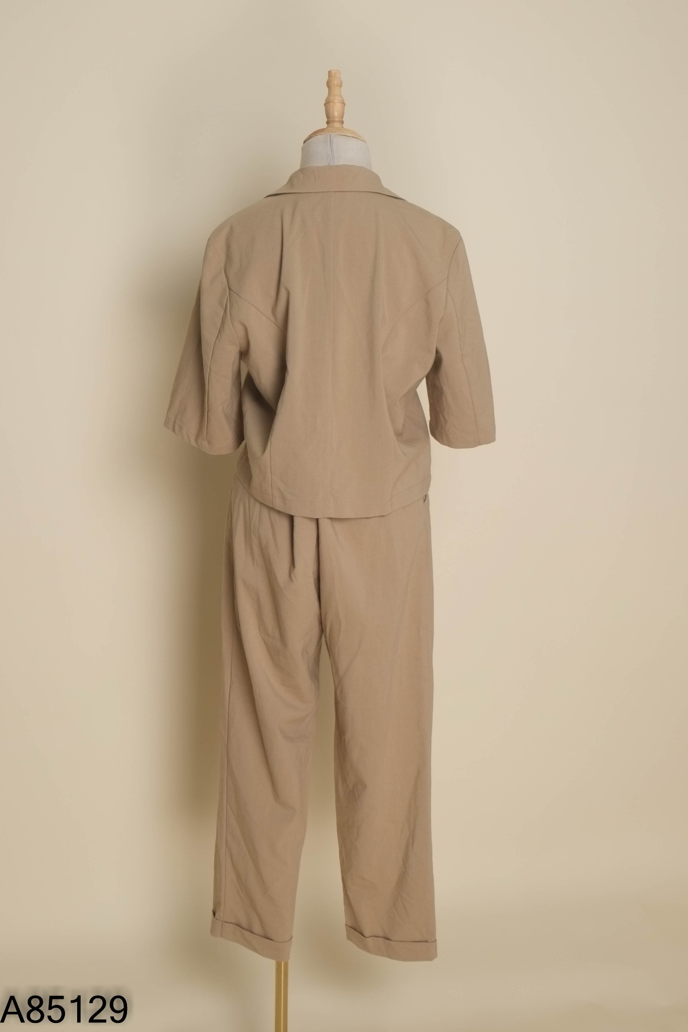 Set Áo be cổ vest phối cúc + quần dài