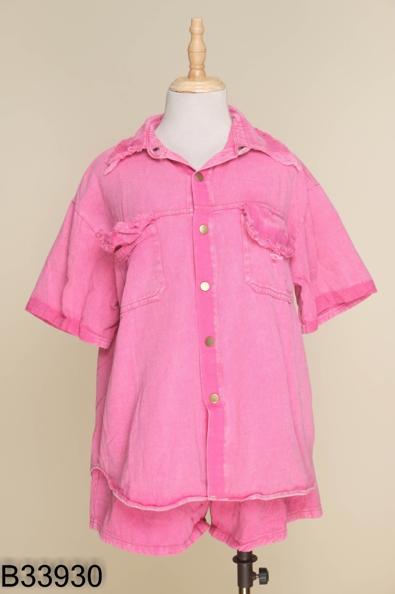 Set Áo jeans hồng cổ sơ mi + quần shorts