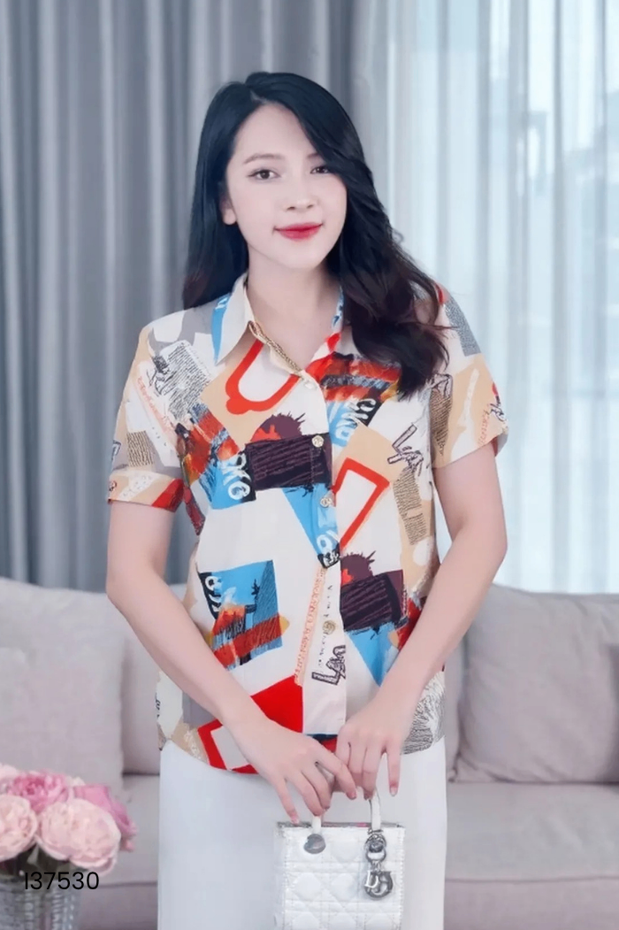 Áo sơ mi LIIN lụa be họa tiết