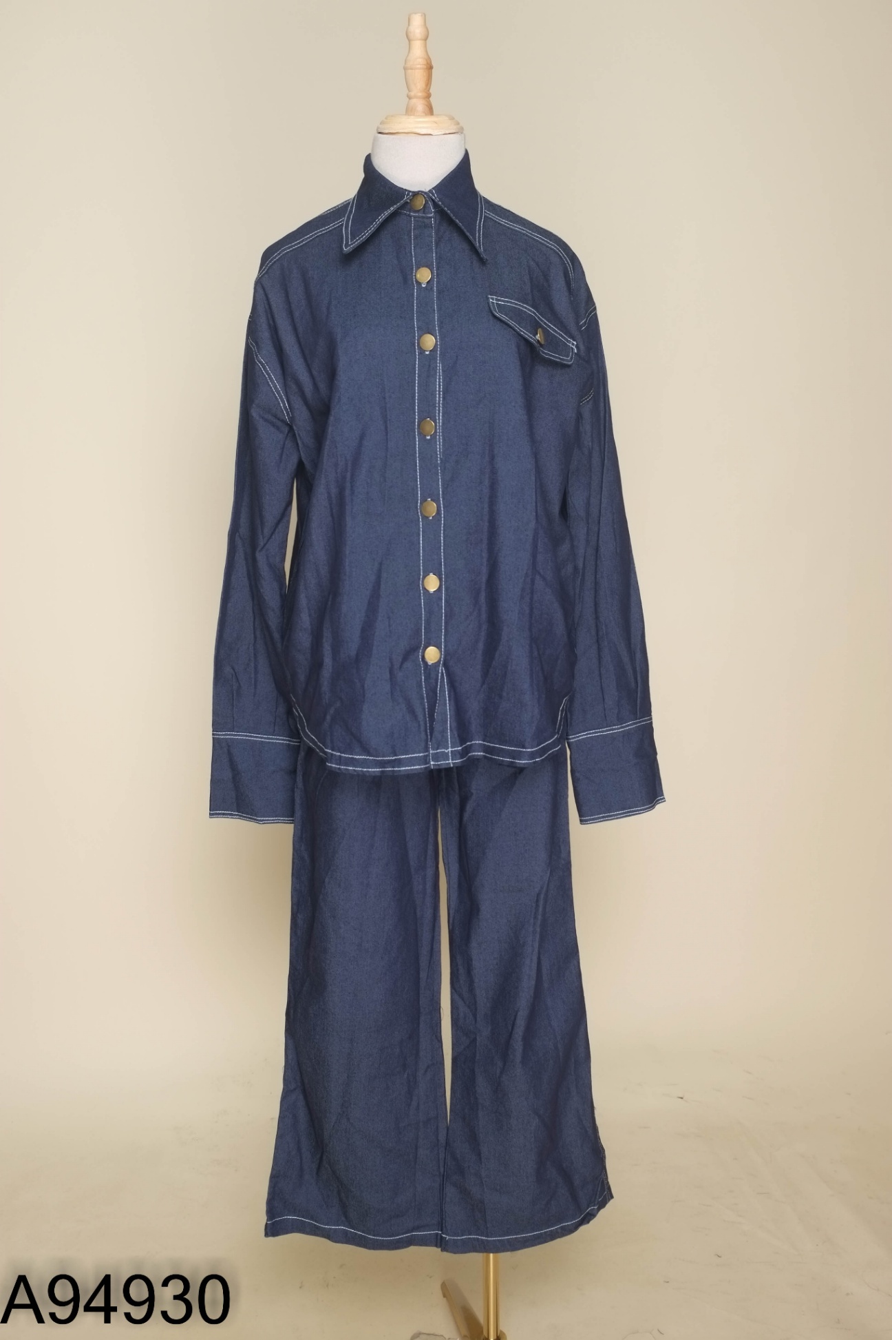 NEWTAG Set Áo jeans xanh viền chỉ + quần dài