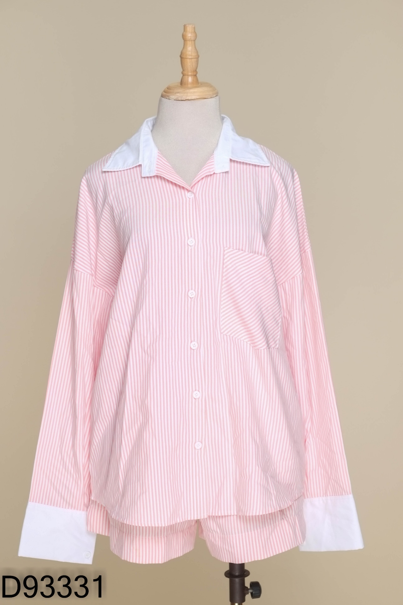 Set Áo sơ mi hồng sọc cổ trắng + quần shorts