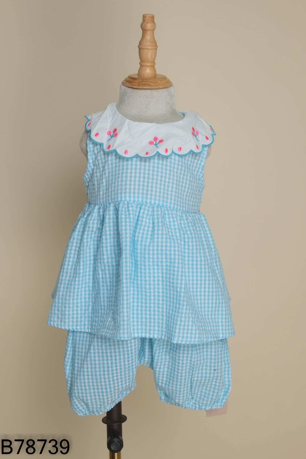 NEWTAG Set Áo xanh kẻ caro cổ sen + quần KIDS