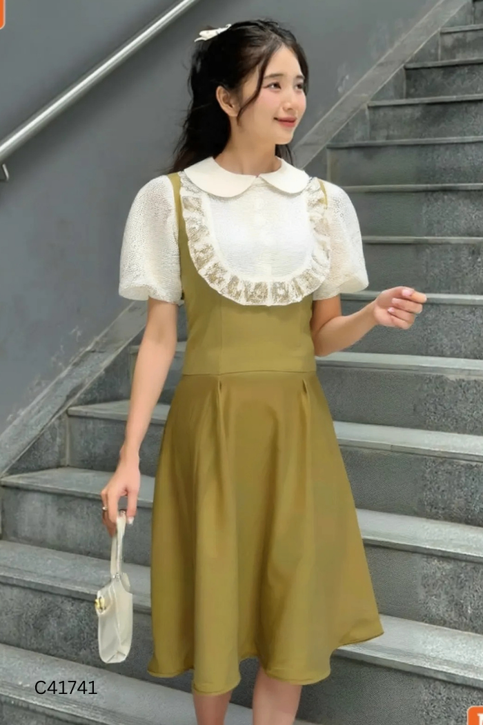NEWTAG Váy xanh phối be