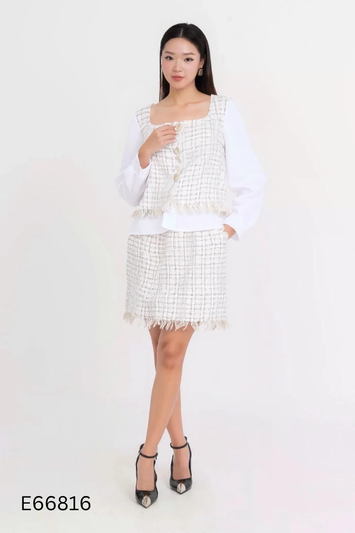 Set Áo dạ be phối tay trắng + chân váy