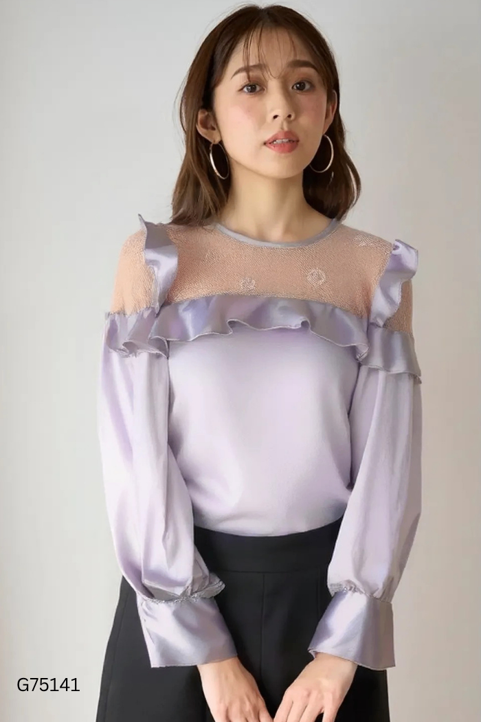 NEWTAG Áo lụa xám phối ren