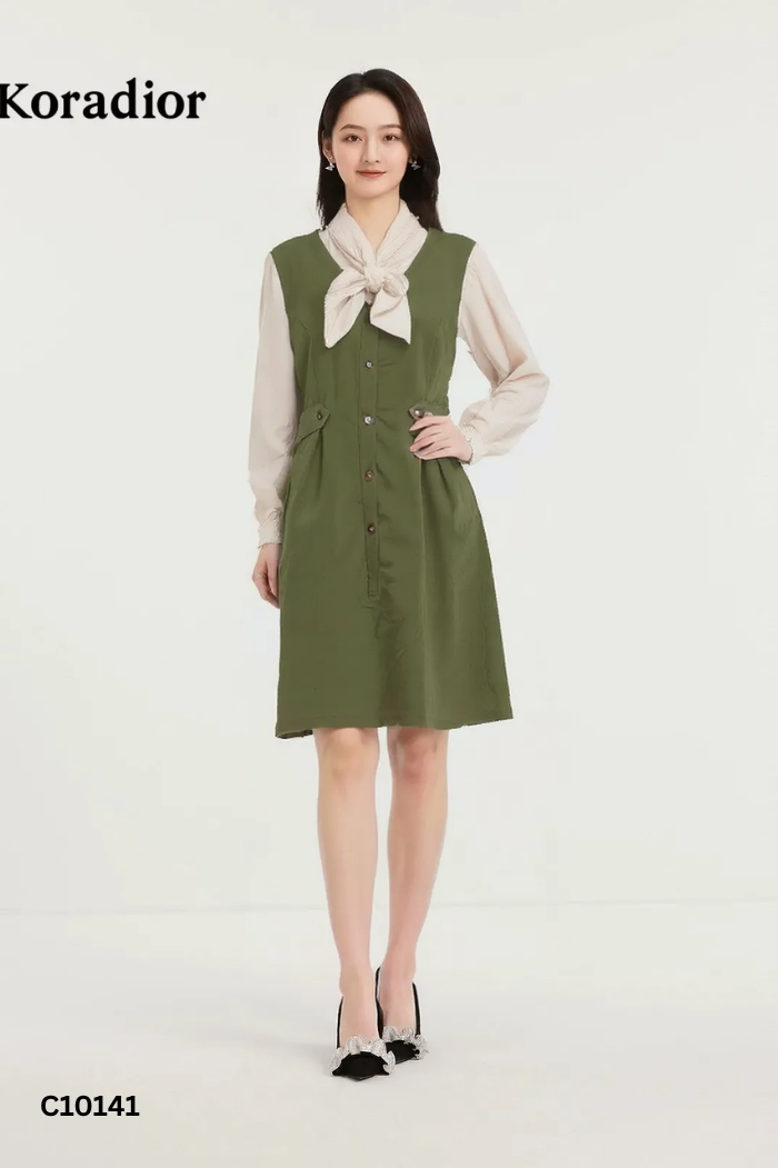 Váy xanh rêu cổ nơ