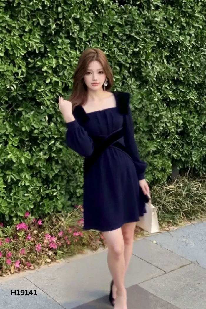 NEWTAG Váy xám phối nơ nhung đen