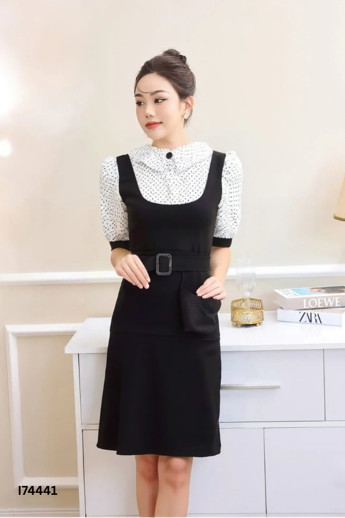 NEWTAG Váy GERME đen phối trắng chấm bi