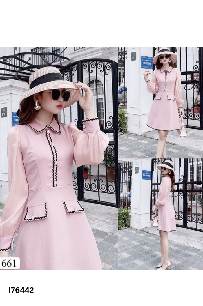 NEWTAG Váy hồng DVC tay voan cúc ngọc