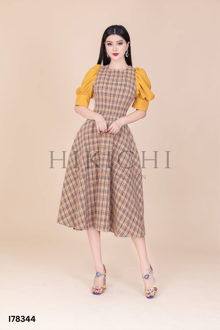 Váy be kẻ KATZ phối tay phồng vàng