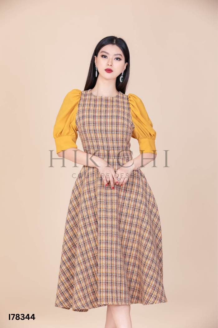 Váy be kẻ KATZ phối tay phồng vàng